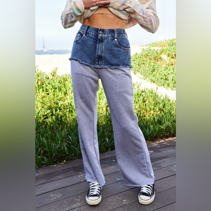 Davi & Dani Raw Hem Denim Patchwork Wide Leg Pants